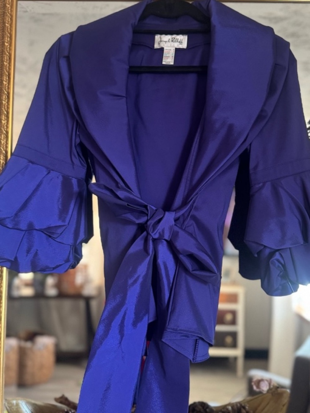 Joseph Ribkoff Purple Satin Tie Front Blazer | Ruffle Sleeve Statement Jacket - Picture 6 of 6